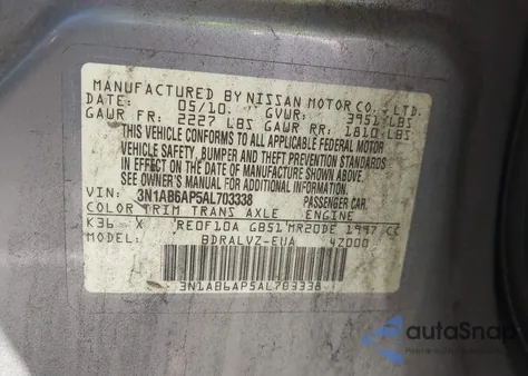 2010 Nissan Sentra 2.0Sl from USA, damaged, VIN 3N1AB6AP5AL703338